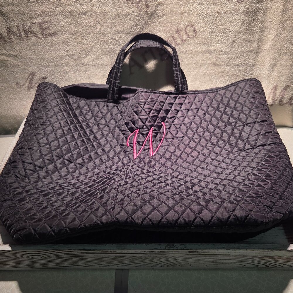 Quilted Black Polyester Tote Black Bay - "W" Initial